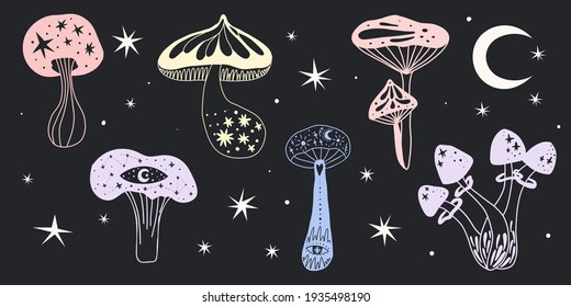 Space mushrooms set. Hand drawn line pastel colored mushroom collection. Cosmos, magic or forest doodle plants, fantastic decorative background, vector cartoon isolated illustration