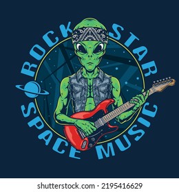 Space music colorful vintage poster with alien from galaxy rock star playing guitar mysterious compositions for earthlings vector illustration