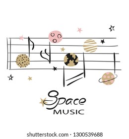Space music vector illustration with notes as planets for kids design, fashion, t-shirt print
