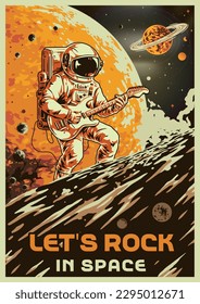 Space music vintage poster colorful with astronaut playing guitar while standing on surface planet and giving intergalactic concert vector illustration