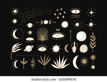 Space, nature and magic. Set of creative hand drawn symbols and signs. Vector illustration.