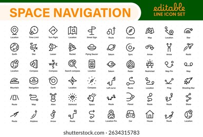 Space Navigation and Trajectories Icon Set – Minimal Line Art Vector Illustrations for Astronaut, Satellite, Rocket, Trajectory, and Space Mission Designs