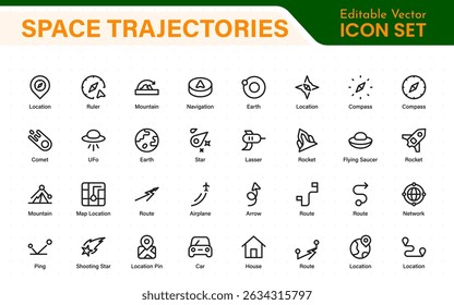 Conjunto de iconos de navegación espacial y trayectorias: Ilustraciones vectoriales de arte de línea mínima para Diseños de misión espacial, astronauta, satélite, cohete, trayectoria y espacio
