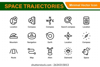 Conjunto de iconos de navegación espacial y trayectorias: Ilustraciones vectoriales de arte de línea mínima para Diseños de misión espacial, astronauta, satélite, cohete, trayectoria y espacio