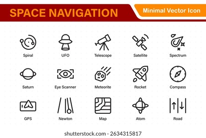 Space Navigation and Trajectories Icon Set – Minimal Line Art Vector Illustrations for Astronaut, Satellite, Rocket, Trajectory, and Space Mission Designs