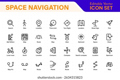 Space Navigation and Trajectories Icon Set – Minimal Line Art Vector Illustrations for Astronaut, Satellite, Rocket, Trajectory, and Space Mission Designs