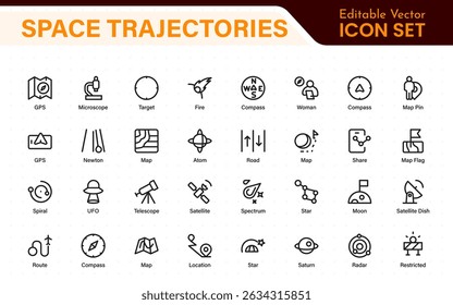 Space Navigation and Trajectories Icon Set – Minimal Line Art Vector Illustrations for Astronaut, Satellite, Rocket, Trajectory, and Space Mission Designs