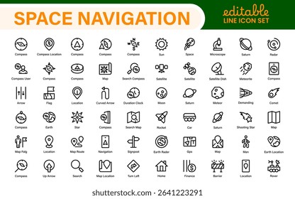 Space Navigation and Trajectories Icon Set – Minimal Line Art Vector Illustrations for Astronaut, Satellite, Rocket, Trajectory, and Space Mission Designs