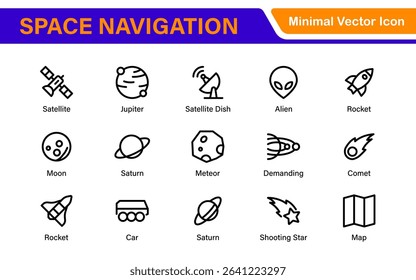 Space Navigation and Trajectories Icon Set – Minimal Line Art Vector Illustrations for Astronaut, Satellite, Rocket, Trajectory, and Space Mission Designs