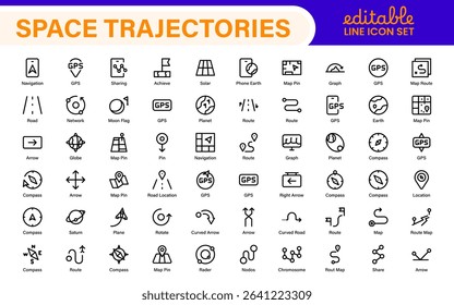 Space Navigation and Trajectories Icon Set – Minimal Line Art Vector Illustrations for Astronaut, Satellite, Rocket, Trajectory, and Space Mission Designs
