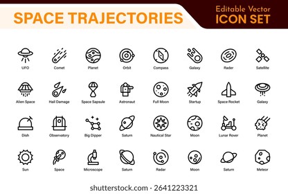 Space Navigation and Trajectories Icon Set – Minimal Line Art Vector Illustrations for Astronaut, Satellite, Rocket, Trajectory, and Space Mission Designs
