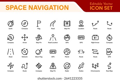 Space Navigation and Trajectories Icon Set – Minimal Line Art Vector Illustrations for Astronaut, Satellite, Rocket, Trajectory, and Space Mission Designs