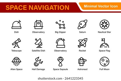 Space Navigation and Trajectories Icon Set – Minimal Line Art Vector Illustrations for Astronaut, Satellite, Rocket, Trajectory, and Space Mission Designs
