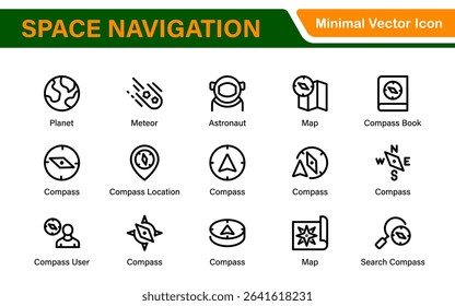 Space Navigation and Trajectories Icon Set – Minimal Line Art Vector Illustrations for Astronaut, Satellite, Rocket, Trajectory, and Space Mission Designs