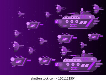 Space Navy in space. The accumulation of space warships before a military maneuver. Video game.