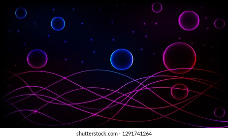 Space neon background with glowing balls and wavy lines. Vector image
