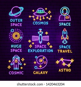 Space Neon Label Set. Vector Illustration of Star Promotion.