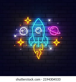 Señal de neón espacial, carteles brillantes, banner de luz. Neón con logo cósmico, emblema. Ilustración del vector