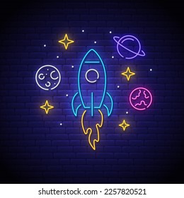 Señal de neón espacial, carteles brillantes, banner de luz. Logo del neón espacial, emblema. Cohetes espaciales, paletas, estrellas. ilustración vectorial