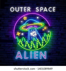 Space Neon sign UFO. Retro neon. Cosmic Theme design template concept. Neon banner background design, night symbol, modern trend design. Vectro Illustration