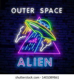 Space Neon sign UFO. Retro neon. Cosmic Theme design template concept. Neon banner background design, night symbol, modern trend design. Vectro Illustration