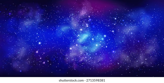 Fundo da noite espacial. Céu estrelado cósmico. Galáxia mágica. Nebulosa e estrelas. Textura interestelar do universo colorido. Cosmos infinito. Brilhos da luz das estrelas. Brilho de poeira estelar. Fundo estrelado realista do vetor