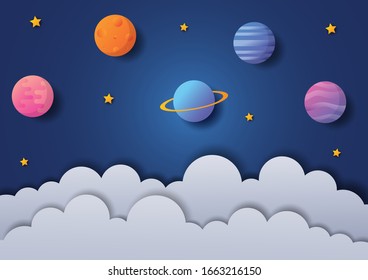 space night sky. moon, stars and clouds in midnight. paper art style. vector Illustration.