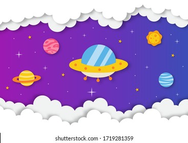 space night sky. moon, stars, rocket and clouds in midnight. paper art style. vector Illustration.