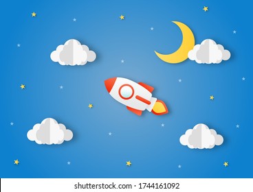 space night sky. moon, stars, clouds, rocket and clouds in midnight. paper art style. vector Illustration.