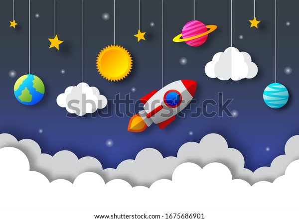 space night sky. moon, stars, rocket and clouds in midnight. wallpaper mural. vector Illustration.