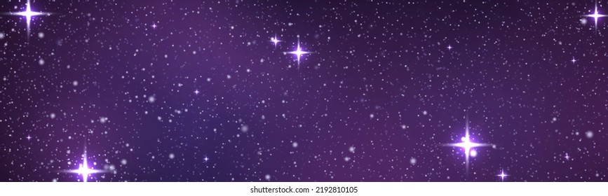 Space night sky with nebula and shining stars. Starry universe cosmic background with blue, purple realistic nebulosity and glow star. Realistic violet galaxy with stardust and sparkle sparks, vector