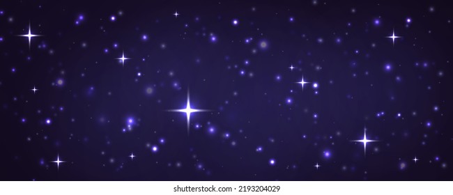 Space night sky with nebula and shining stars. Starry universe cosmic background with blue, purple realistic nebulosity and glow star. Realistic violet galaxy with stardust and sparkle sparks, vector