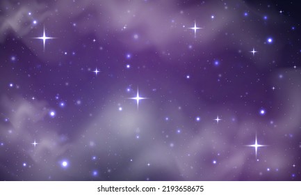 Space night sky with nebula and shining stars. Starry universe cosmic background with blue, purple realistic nebulosity and glow star. Realistic violet galaxy with stardust and sparkle sparks, vector