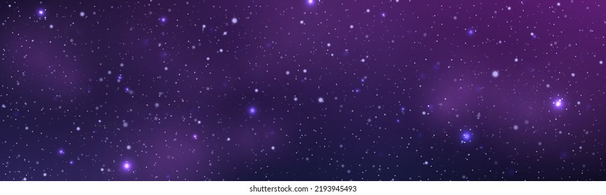 Space night sky with nebula and shining stars. Starry universe cosmic background with blue, purple realistic nebulosity and glow star. Realistic violet galaxy with stardust and sparkle sparks, vector