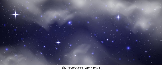 Space night sky with nebula and shining stars. Starry universe cosmic background with blue, purple realistic nebulosity and glow star. Realistic violet galaxy with stardust and sparkle sparks, vector