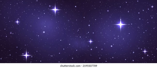 Space night sky with nebula and shining stars. Starry universe cosmic background with blue, purple realistic nebulosity and glow star. Realistic violet galaxy with stardust and sparkle sparks, vector