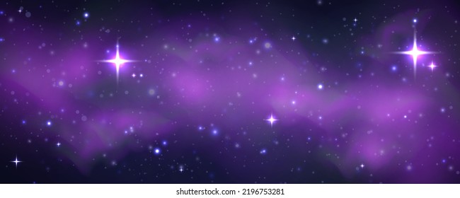 Space Night Sky With Nebula And Shining Stars. Starry Universe Cosmic Background With Blue, Purple Realistic Nebulosity And Glow Star. Realistic Violet Galaxy With Stardust And Sparkle Sparks, Vector