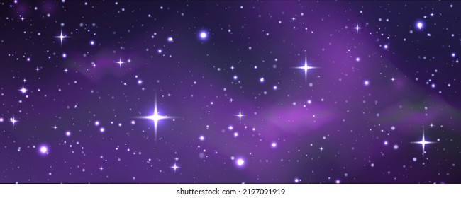 Space night sky with nebula and shining stars. Starry universe cosmic background with blue, purple realistic nebulosity and glow star. Realistic violet galaxy with stardust and sparkle sparks, vector