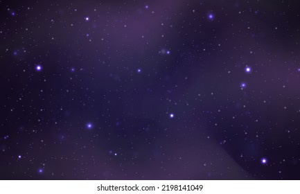 Space night sky with nebula and shining stars. Starry universe cosmic background with blue, purple realistic nebulosity and glow star. Realistic violet galaxy with stardust and sparkle sparks, vector