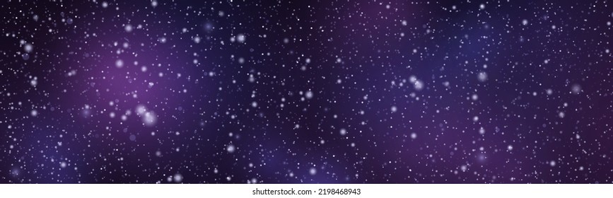 Space night sky with nebula and shining stars. Starry universe cosmic background with blue, purple realistic nebulosity and glow star. Realistic violet galaxy with stardust and sparkle sparks, vector