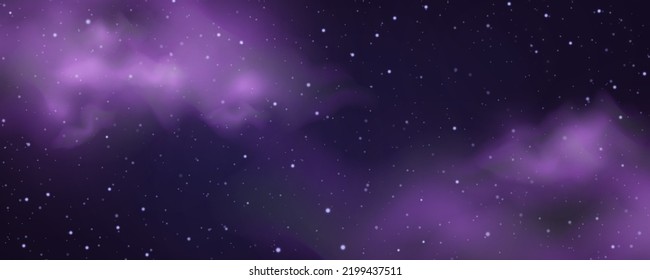 Space night sky with nebula and shining stars. Starry universe cosmic background with blue, purple realistic nebulosity and glow star. Realistic violet galaxy with stardust and sparkle sparks, vector