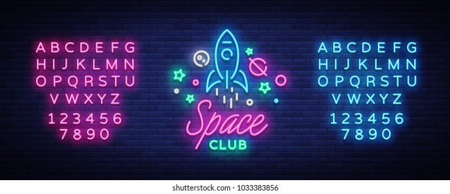 Space nightclub logo in neon style. Neon Sign, Light Banner, Night Bright Night Club Advertising. Disco. Design template for invitation party. Vector illustration. Editing text neon sign