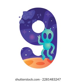 Space Number Nine as Cosmic Numeral with Alien Vector Illustration