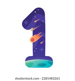 Space Number One as Cosmic Numeral with Comet Vector Illustration