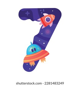 Space Number Seven as Cosmic Numeral with Rocket and Ufo Shuttle Vector Illustration