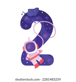 Space Number Two as Cosmic Numeral with Astronaut Vector Illustration