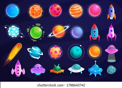 Space object. Alien planet, UFO spaceship, astronaut rocket and missile cosmic object vector icon. Fantasy space set isolated on dark background. Astronomy and outer space exploration illustration