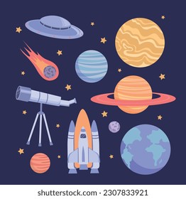Space object set. Rocket and planets, telescope against background of stars. Exploration of galaxies and universe, scientific travel. Cartoon flat vector collection isolated on blue backdrop
