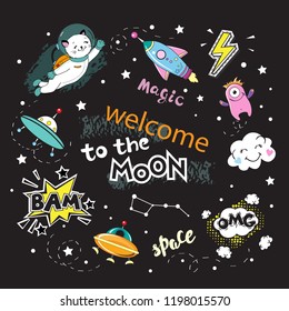 Space objects with space animals and inscription welcome to the moon on a black background