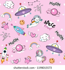 Space objects with space animals seamless pattern on pink background